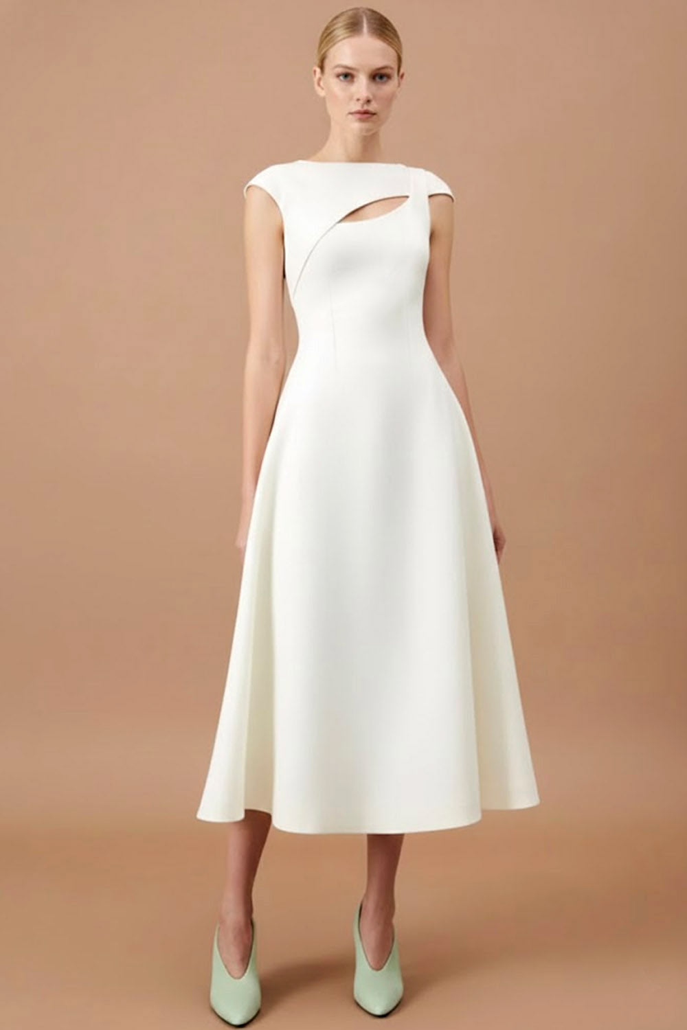 Leely Women White Midi Cocktail Dress with Keyhole A Line Bateau Neck Semi-Formal Dress