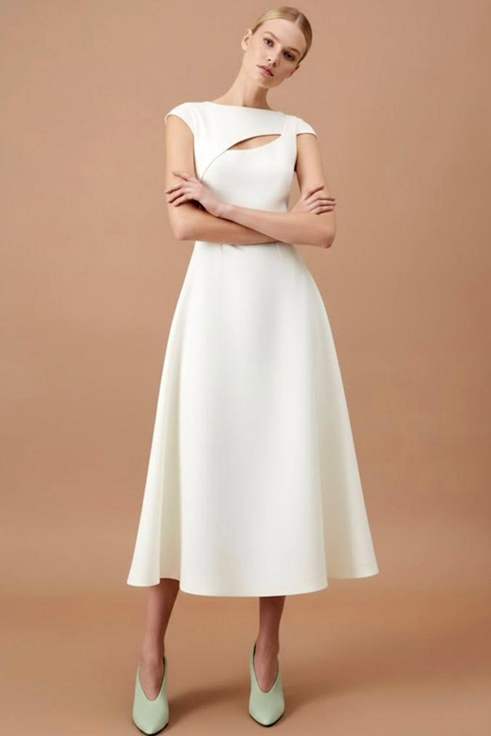 White A Line Midi Cocktail Dress with Keyhole