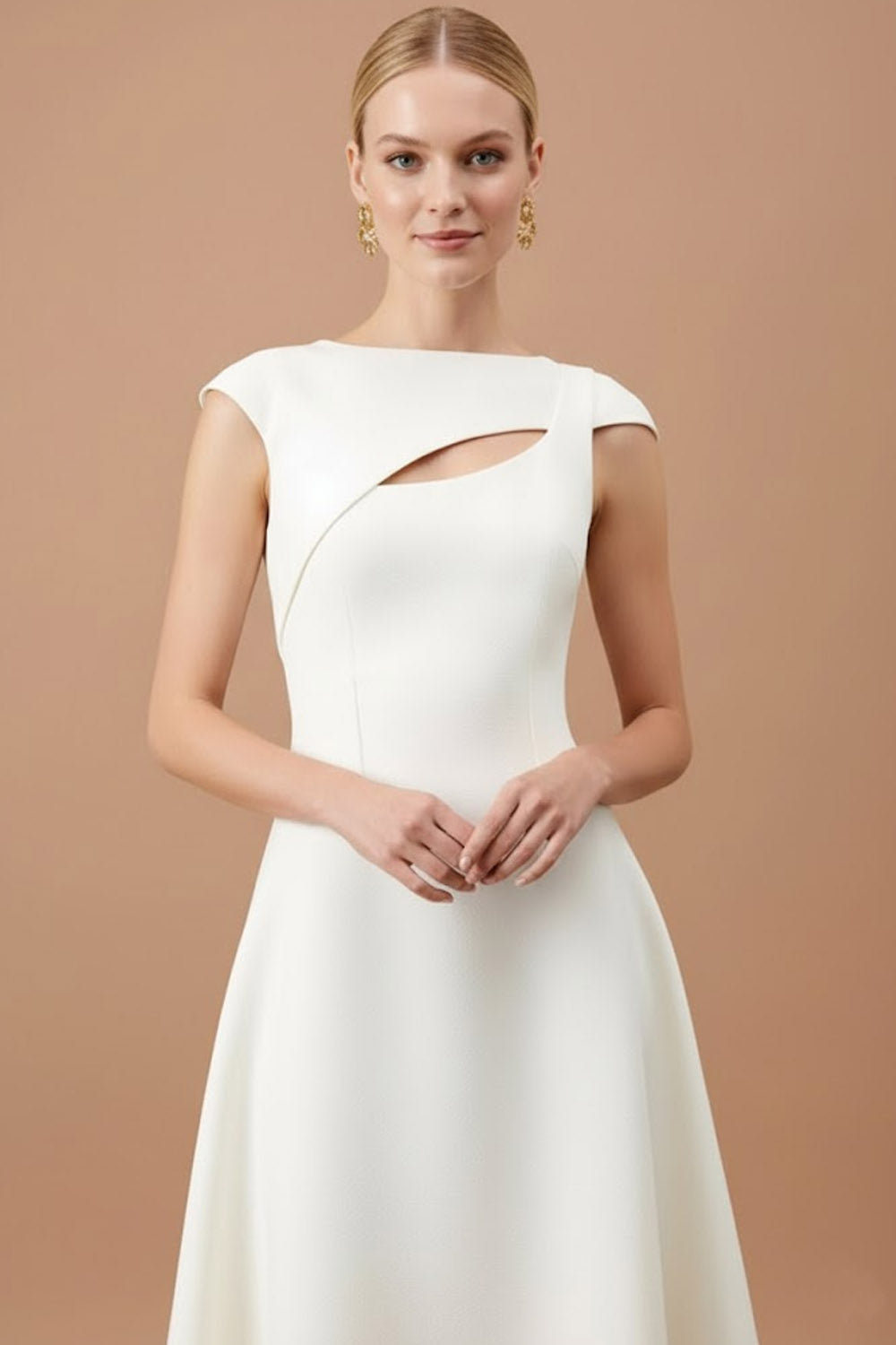 White A Line Midi Cocktail Dress with Keyhole