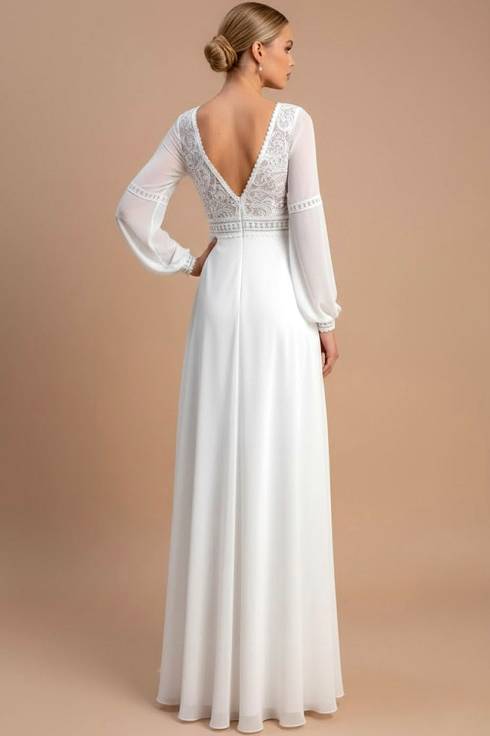 White A Line Chiffon Long Sleeves Wedding Dress with Lace