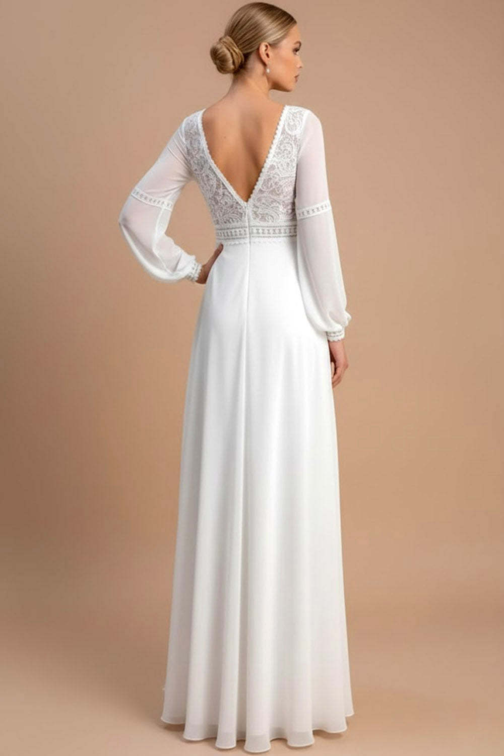 White A Line Chiffon Long Sleeves Wedding Dress with Lace