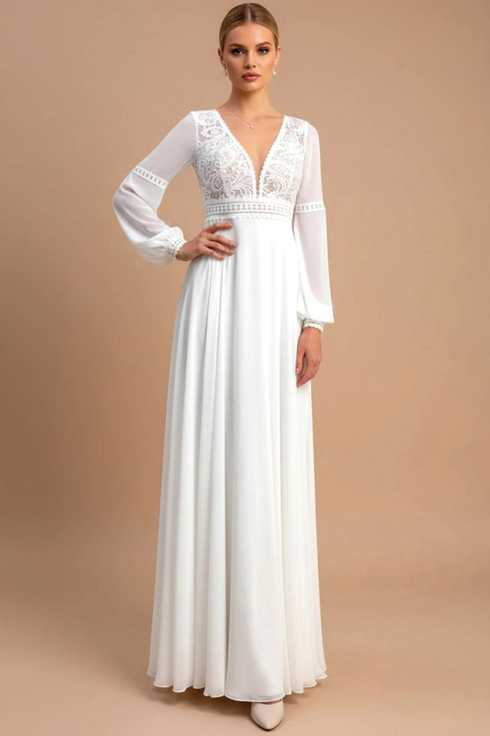 White A Line Chiffon Long Sleeves Wedding Dress with Lace