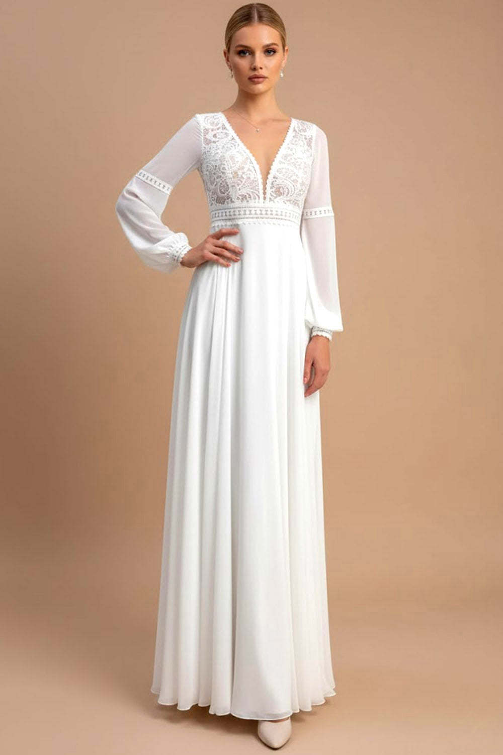 White A Line Chiffon Long Sleeves Wedding Dress with Lace