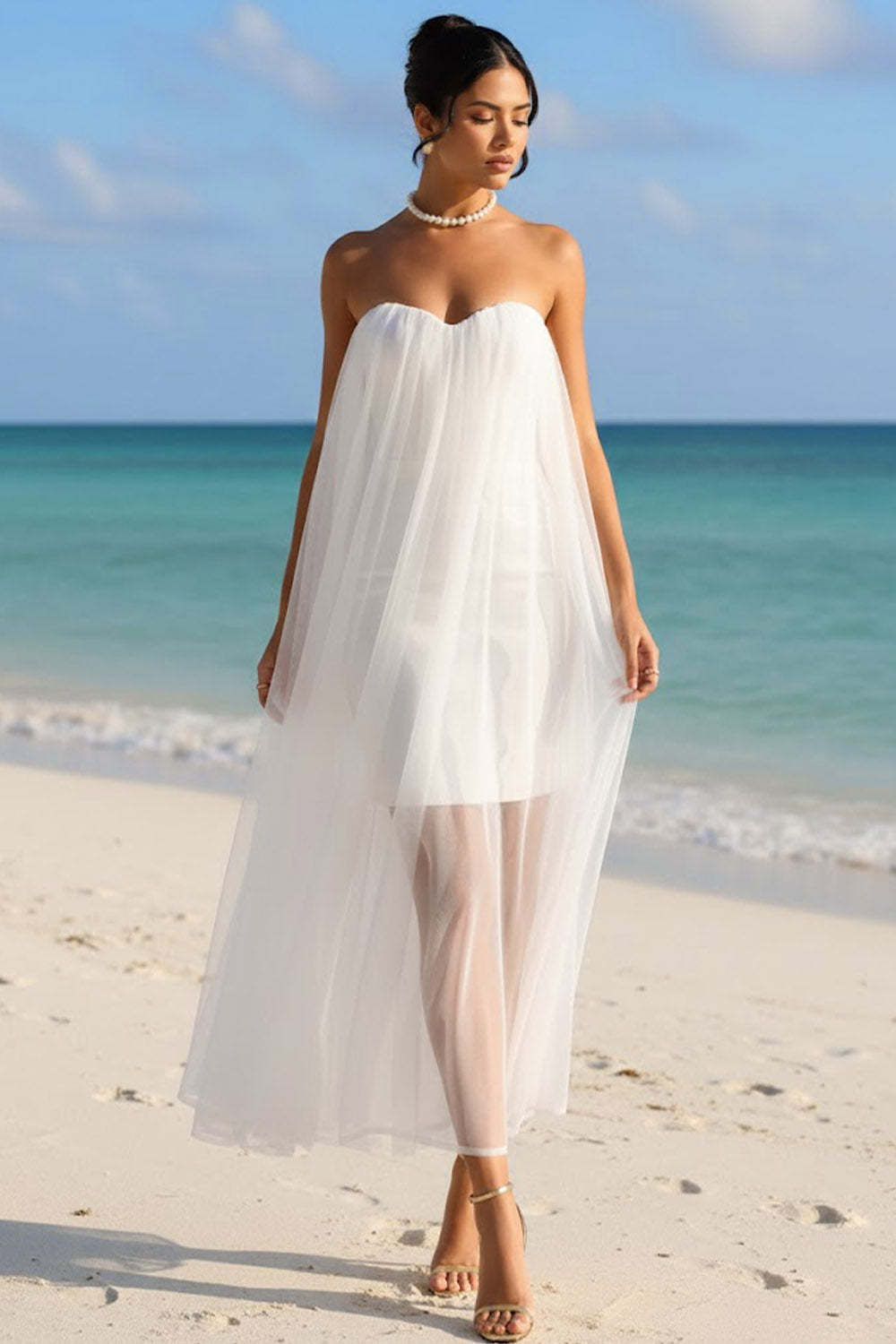 Leely Women White A Line Long Tulle Wedding Dress Sweetheart Engagement Dress