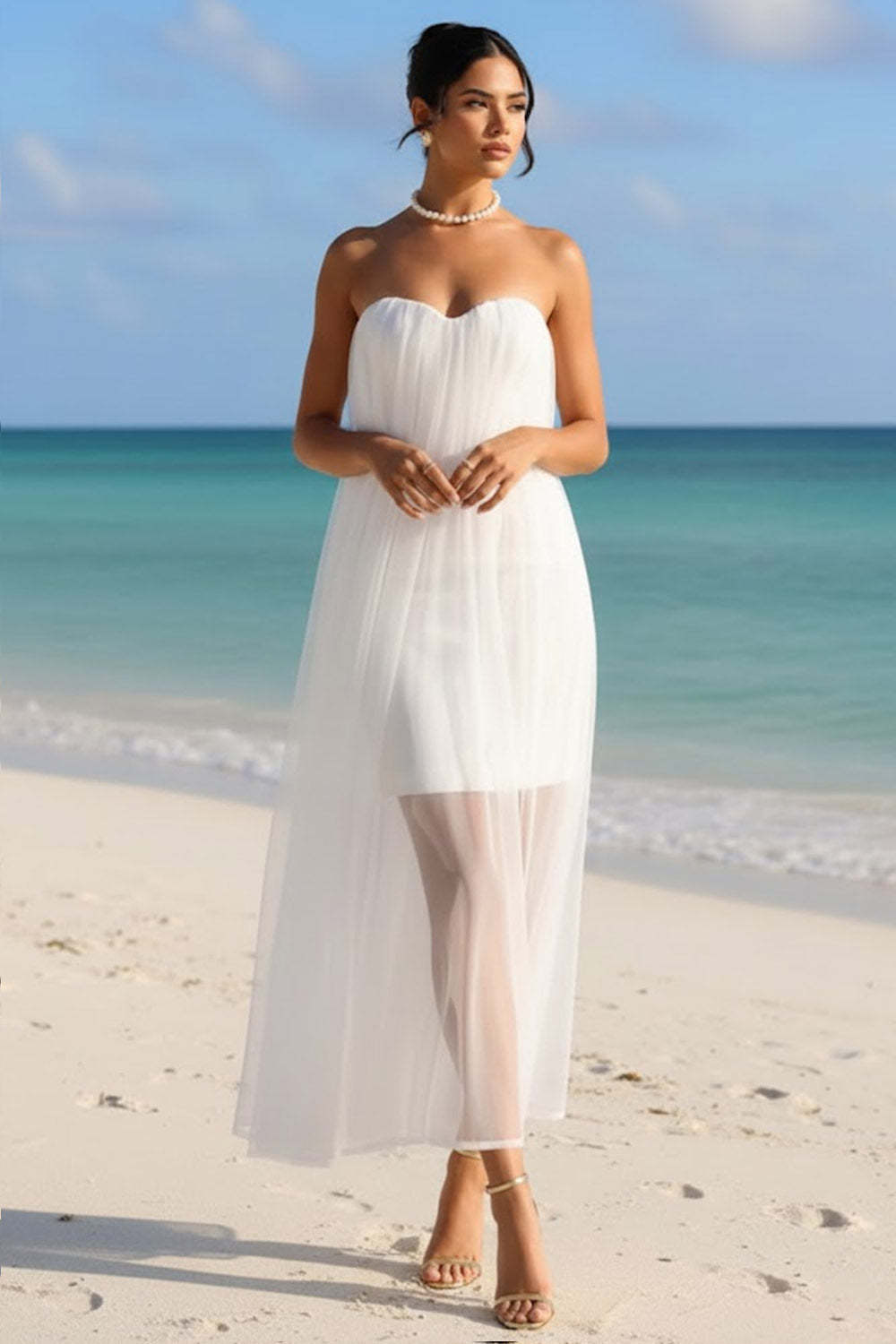 White A Line Sweetheart Long Tulle Wedding Dress