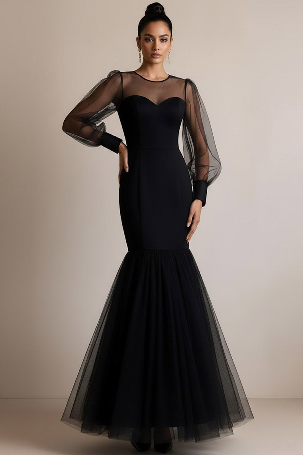 Black Illusion Neck Long Tulle Mermaid Formal Dress with Sleeves