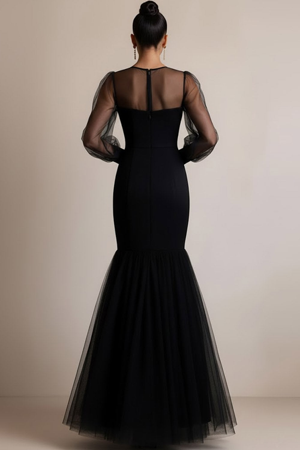 Black Illusion Neck Long Tulle Mermaid Formal Dress with Sleeves