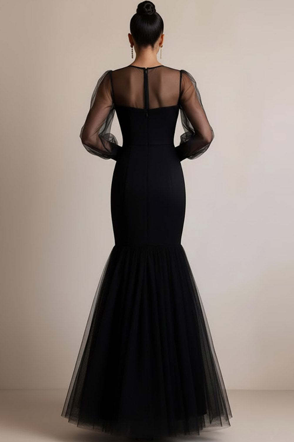 Black Illusion Neck Long Tulle Mermaid Formal Dress with Sleeves