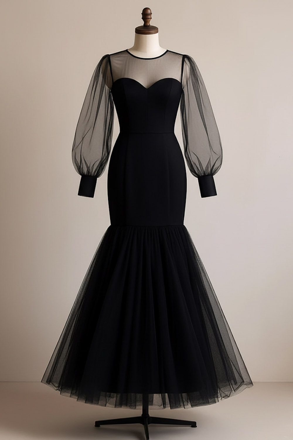 Black Illusion Neck Long Tulle Mermaid Formal Dress with Sleeves
