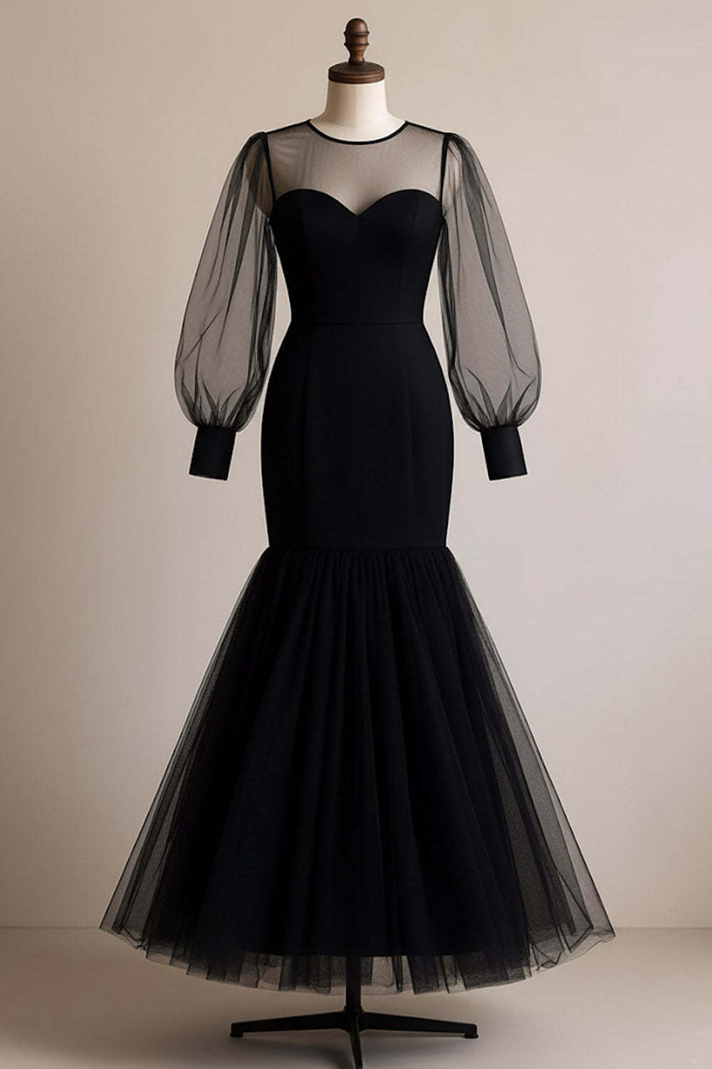 Black Illusion Neck Long Tulle Mermaid Formal Dress with Sleeves