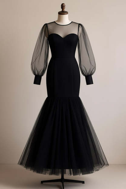 Black Illusion Neck Long Tulle Mermaid Formal Dress with Sleeves