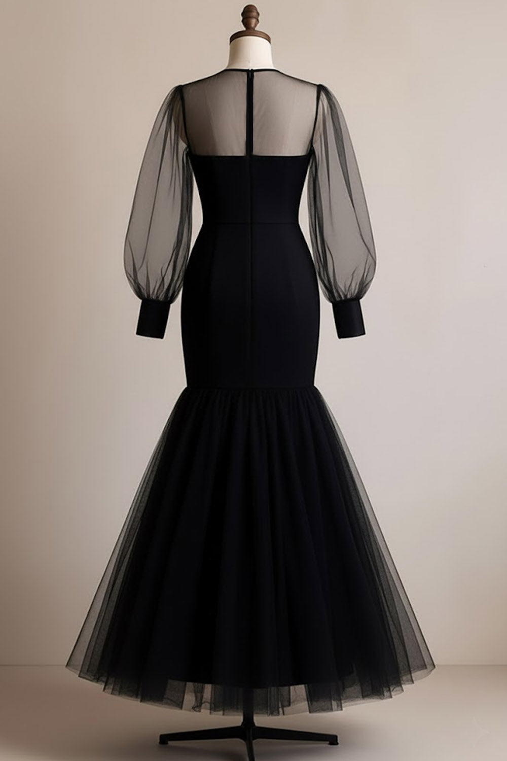 Black Illusion Neck Long Tulle Mermaid Formal Dress with Sleeves