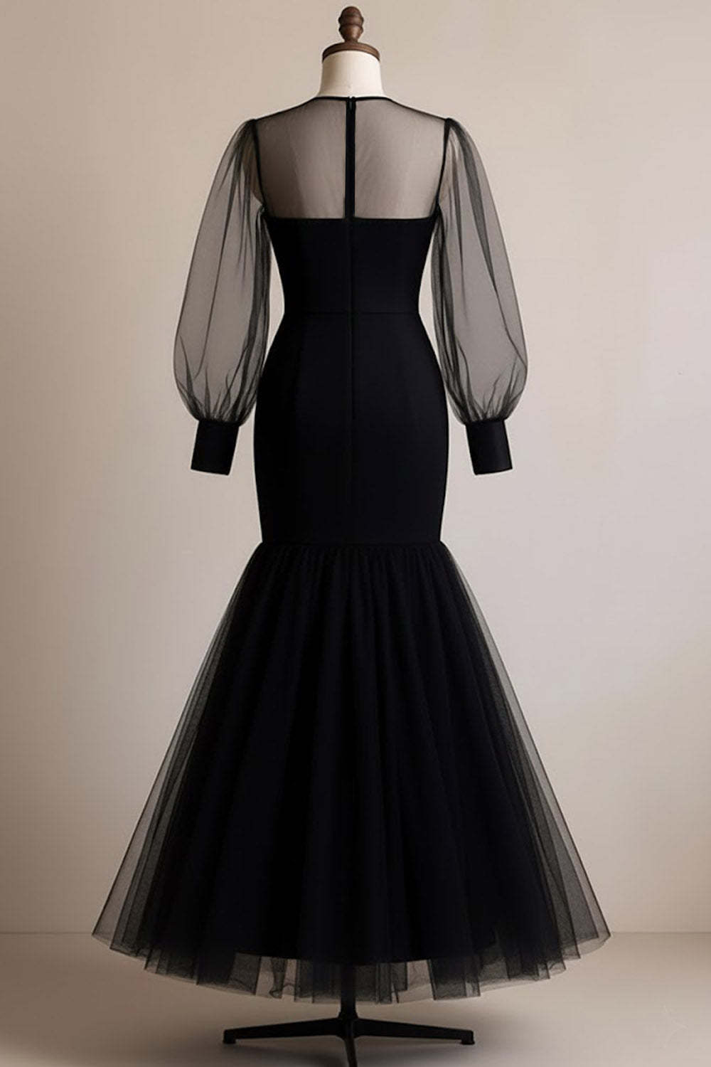 Black Illusion Neck Long Tulle Mermaid Formal Dress with Sleeves