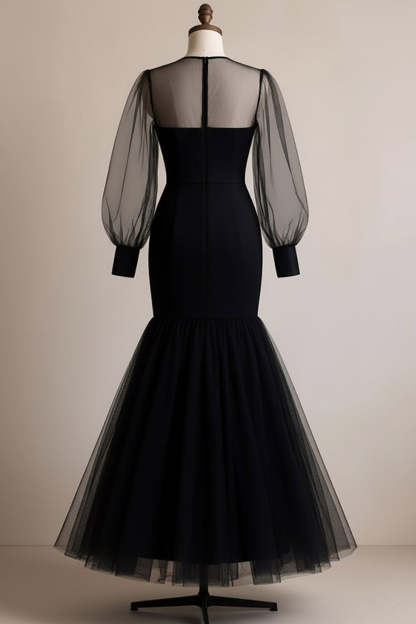 Black Illusion Neck Long Tulle Mermaid Formal Dress with Sleeves