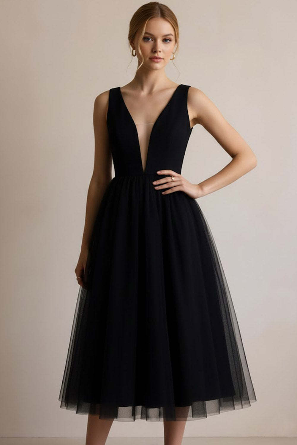 Leely Women Black A Line Tulle Midi Cocktail Dress Deep V-Neck Party Dress