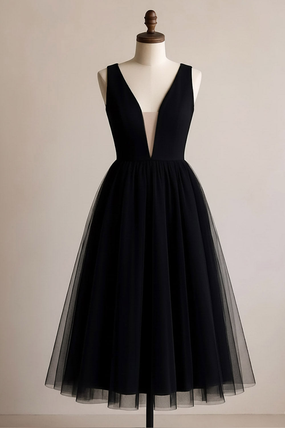 Black A Line Tulle Deep V-Neck Midi Cocktail Dress