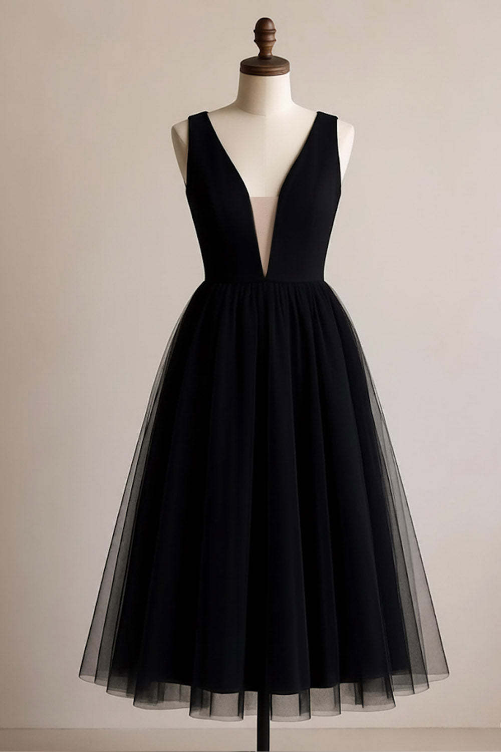 Black A Line Tulle Deep V-Neck Midi Cocktail Dress