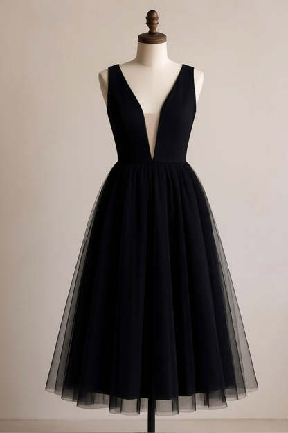 Black A Line Tulle Deep V-Neck Midi Cocktail Dress