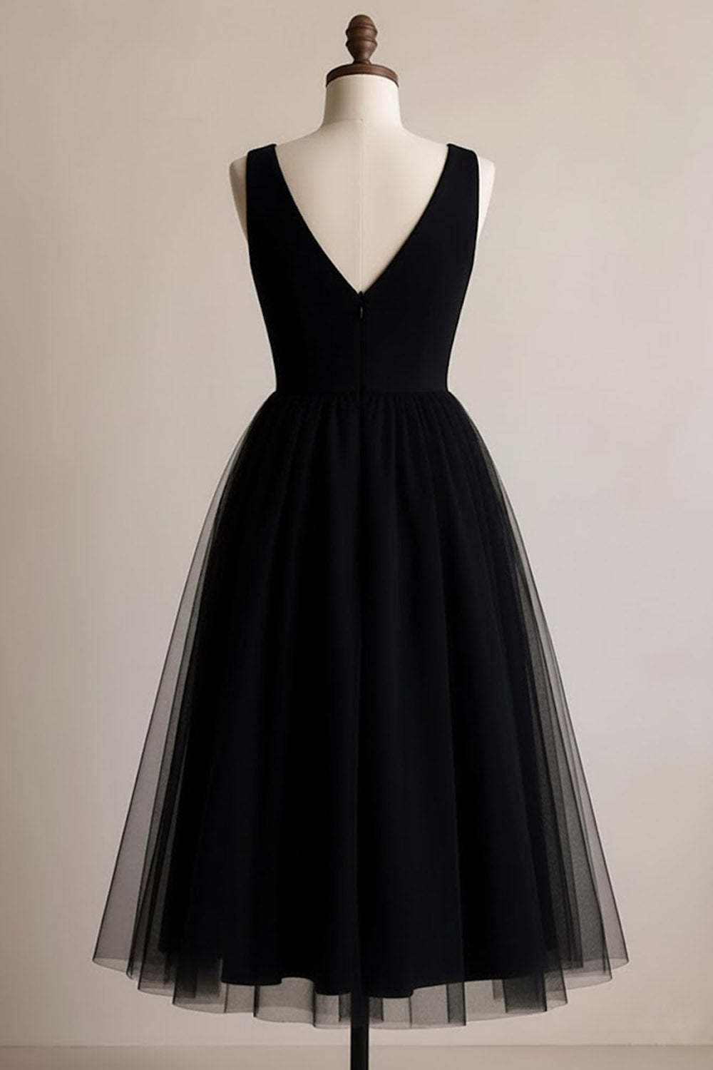 Black A Line Tulle Deep V-Neck Midi Cocktail Dress