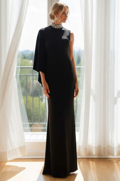 Black High Neck Beaded Long Formal Dress with Side Cape