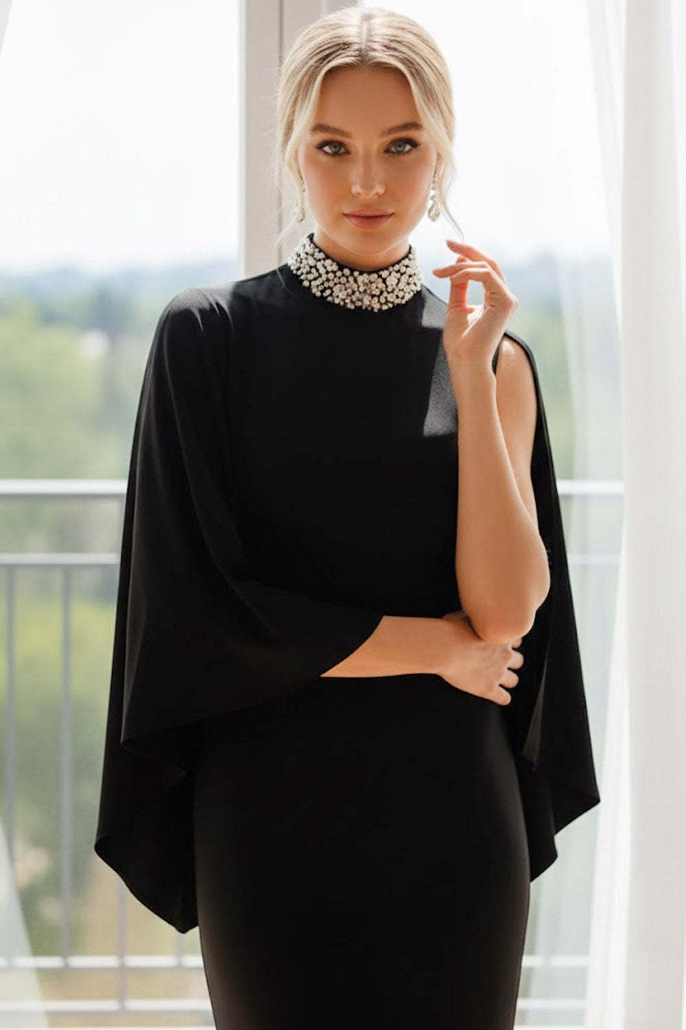 Black High Neck Beaded Long Formal Dress with Side Cape