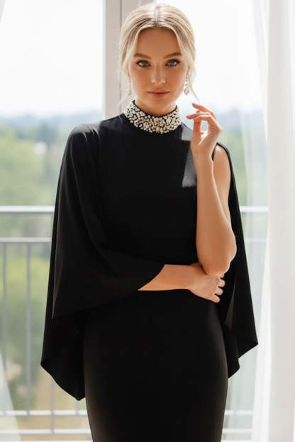Black High Neck Beaded Long Formal Dress with Side Cape