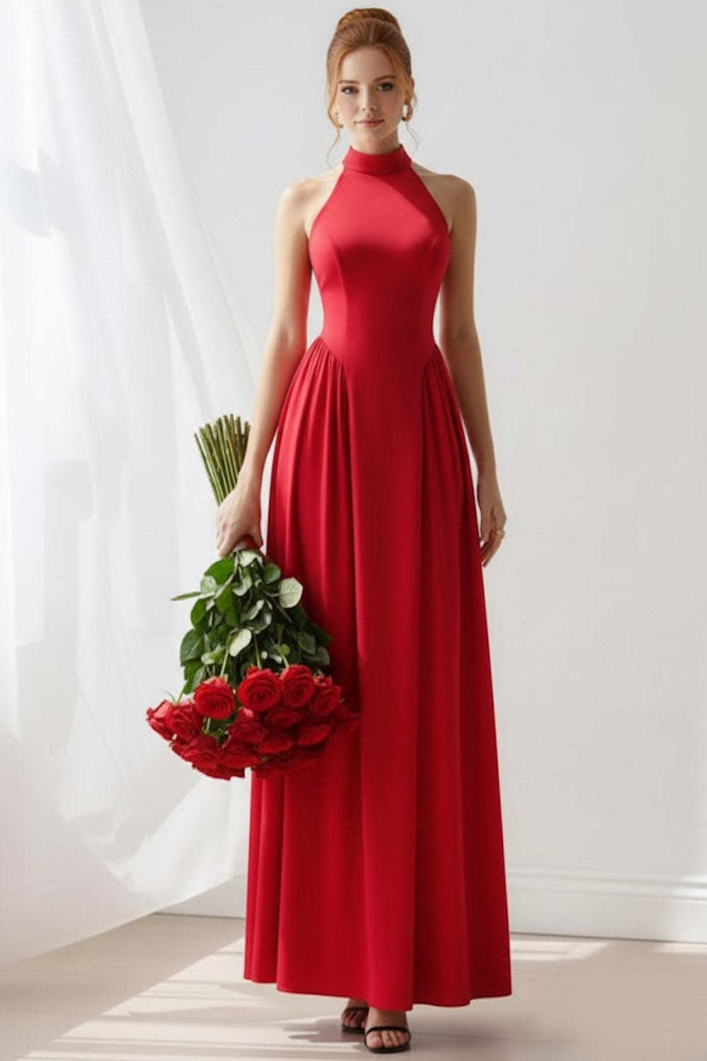 Leely Women Red A Line Long Bridesmaid Dress Crew Neck Wedding Guest Dress