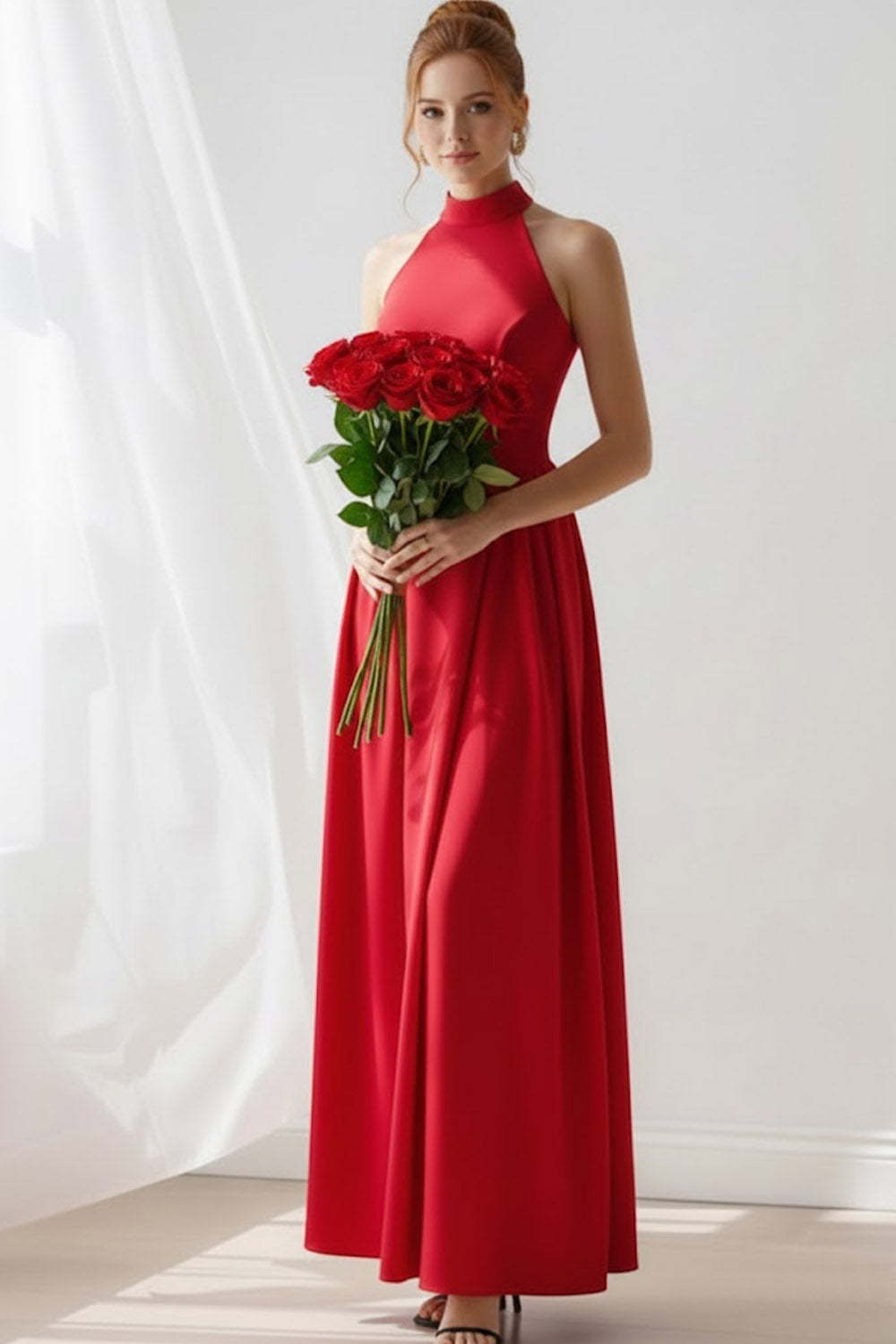 Red A Line Crew Neck Long Bridesmaid Dress
