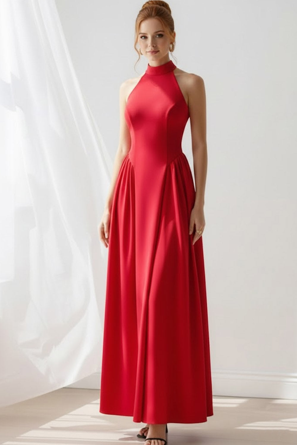 Red A Line Crew Neck Long Bridesmaid Dress