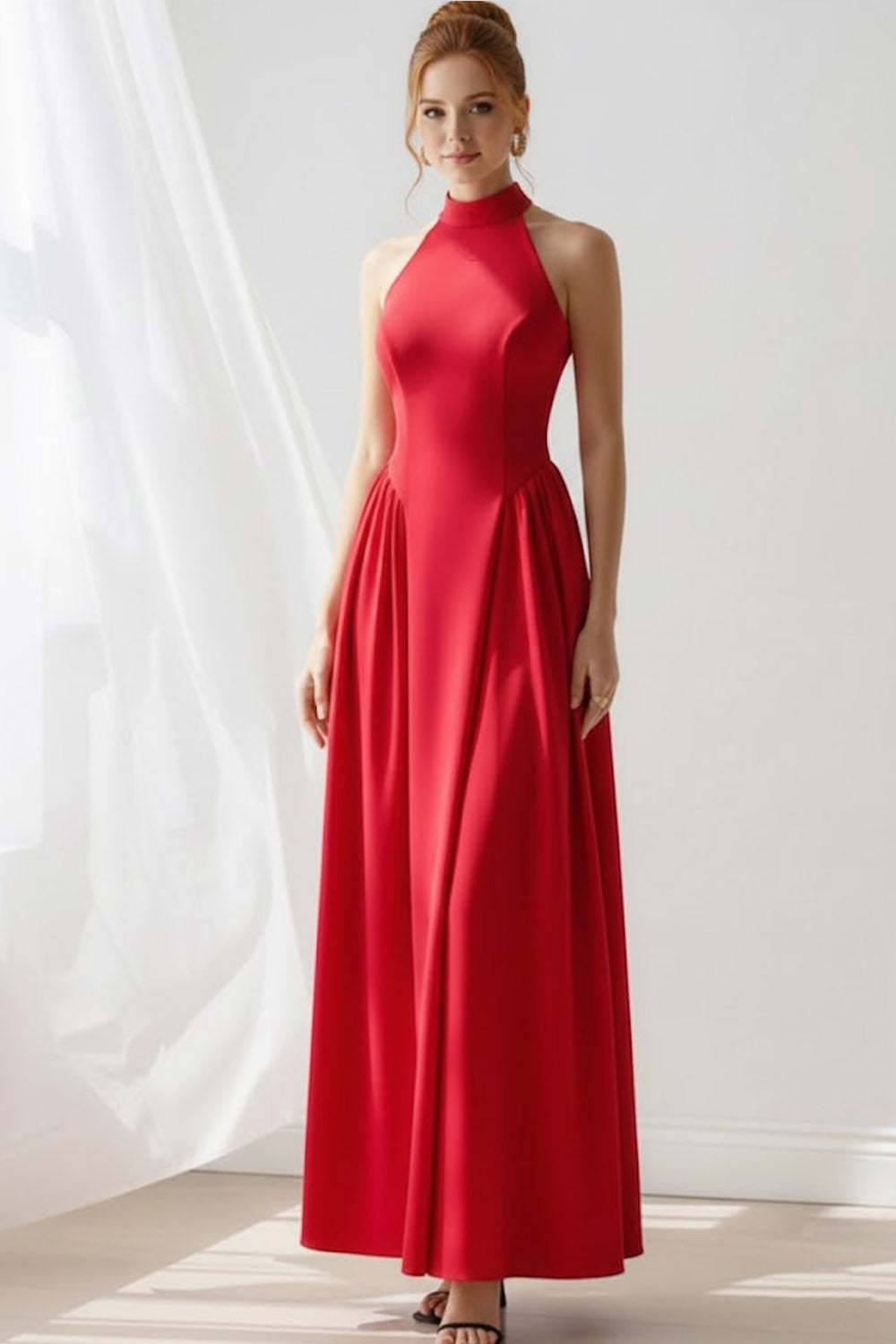 Red A Line Crew Neck Long Bridesmaid Dress