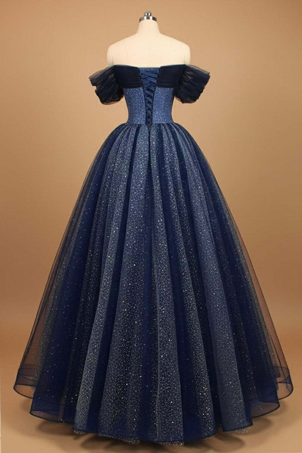 Sparkly Blue Tulle Off the Shoulder Long Prom Dress with Beading