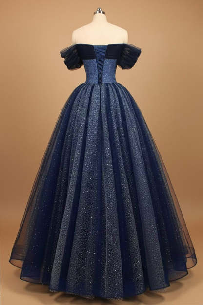 Sparkly Blue Tulle Off the Shoulder Long Prom Dress with Beading