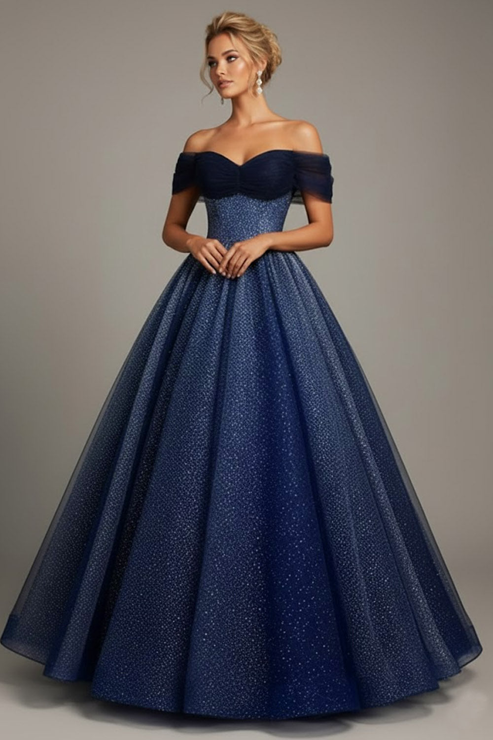 Sparkly Blue Tulle Off the Shoulder Long Prom Dress with Beading