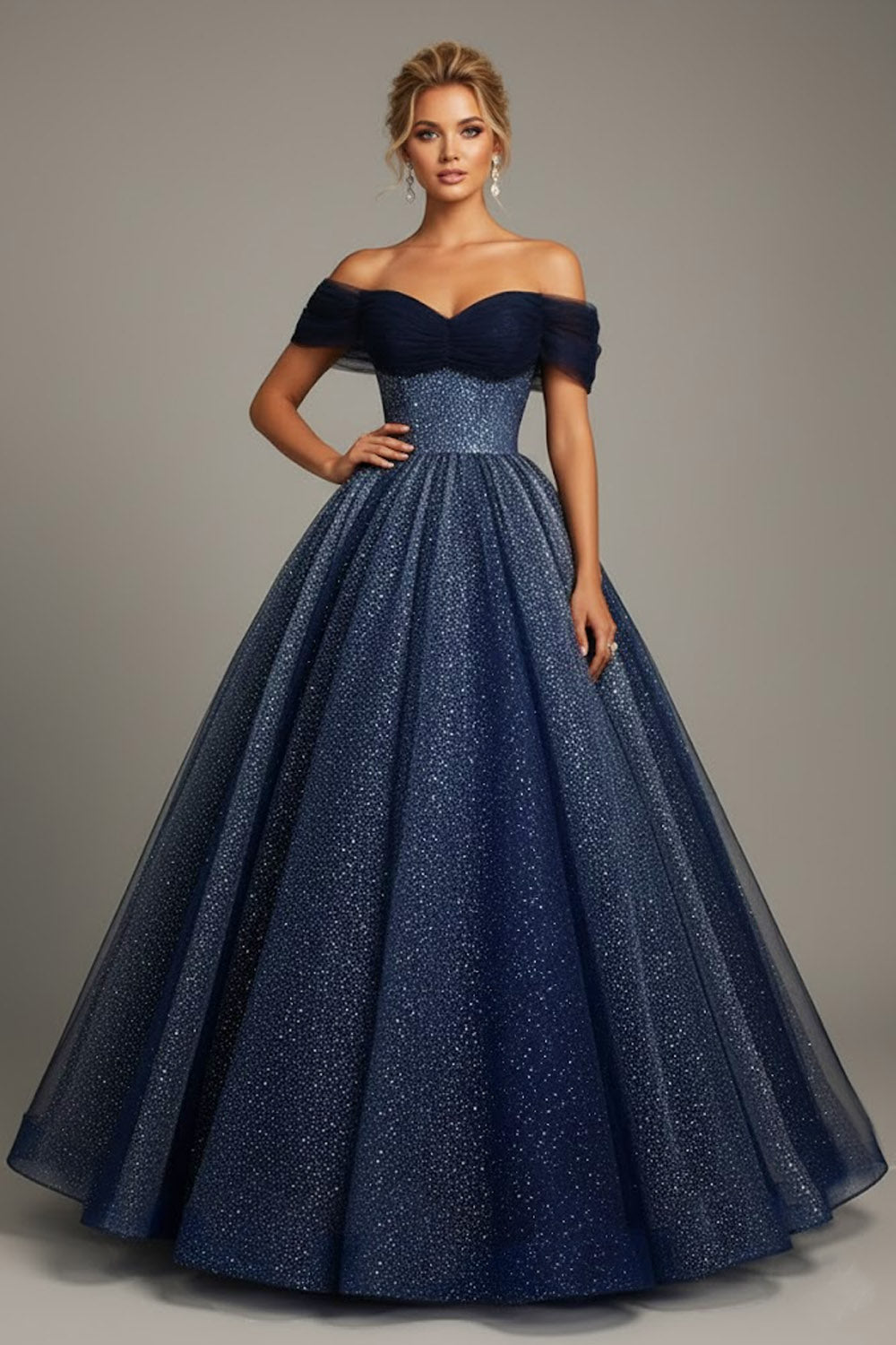 Sparkly Blue Tulle Off the Shoulder Long Prom Dress with Beading