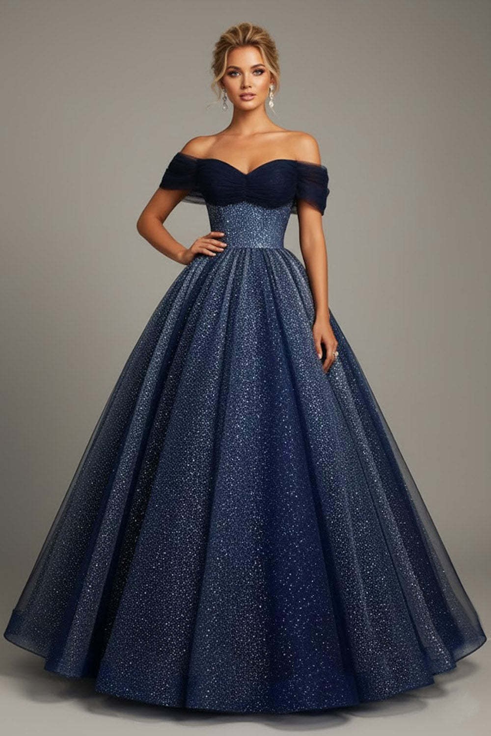 Leely Women Sparkly Blue Tulle Maxi Prom Dress with Beading Princess Off the Shoulder Pageant Dress