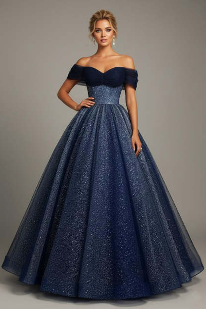 Leely Women Sparkly Blue Tulle Maxi Prom Dress with Beading Princess Off the Shoulder Pageant Dress