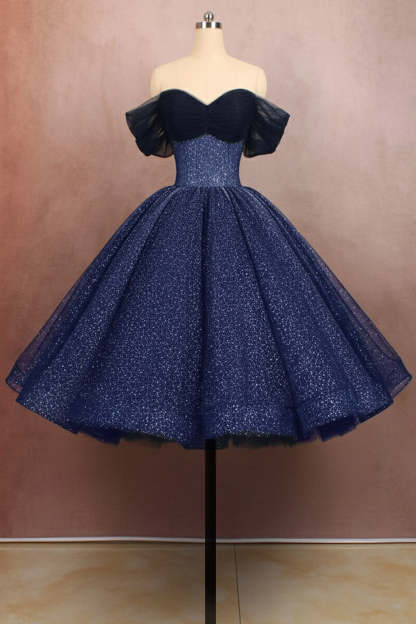 Blue Off the Shoulder A Line Midi Cocktail Dress