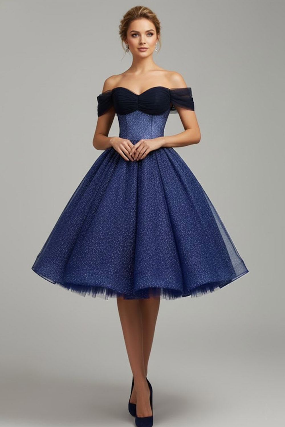 Leely Women Blue Black A Line Midi Cocktail Dress Tulle Off the Shoulder Party Dress