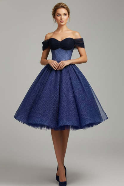 Leely Women Blue Black A Line Midi Cocktail Dress Tulle Off the Shoulder Party Dress