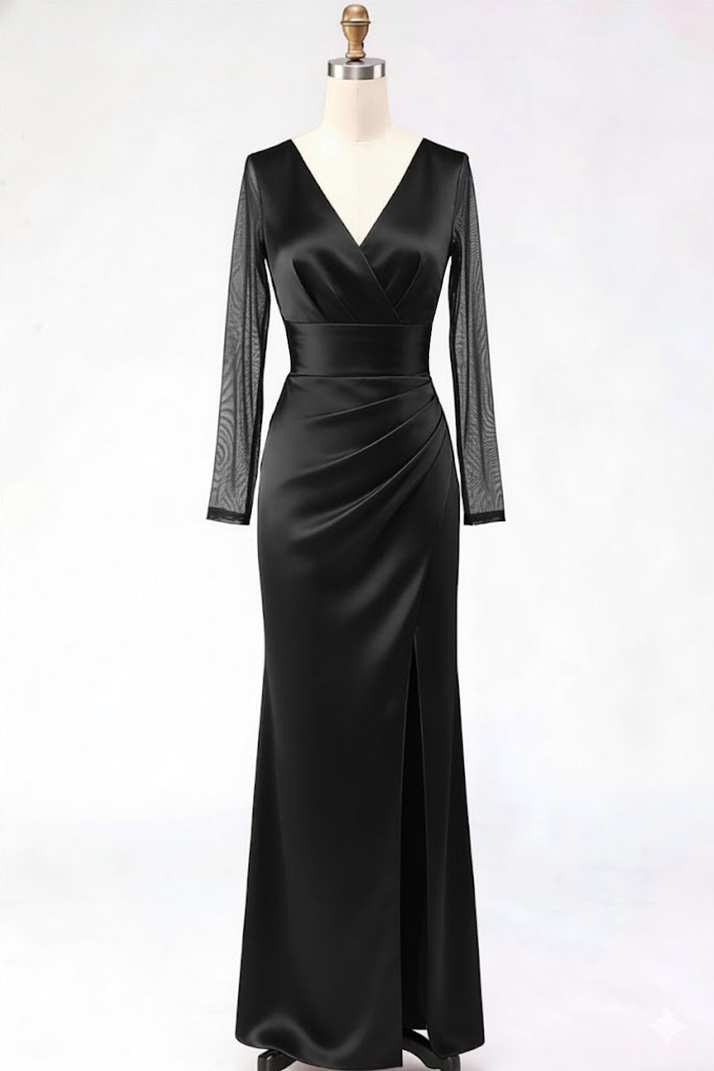 Leely Women Burgundy V-Neck Satin Long Formal Dress with Slit Sheath Ruched Backless Evening Dress with Sleeves