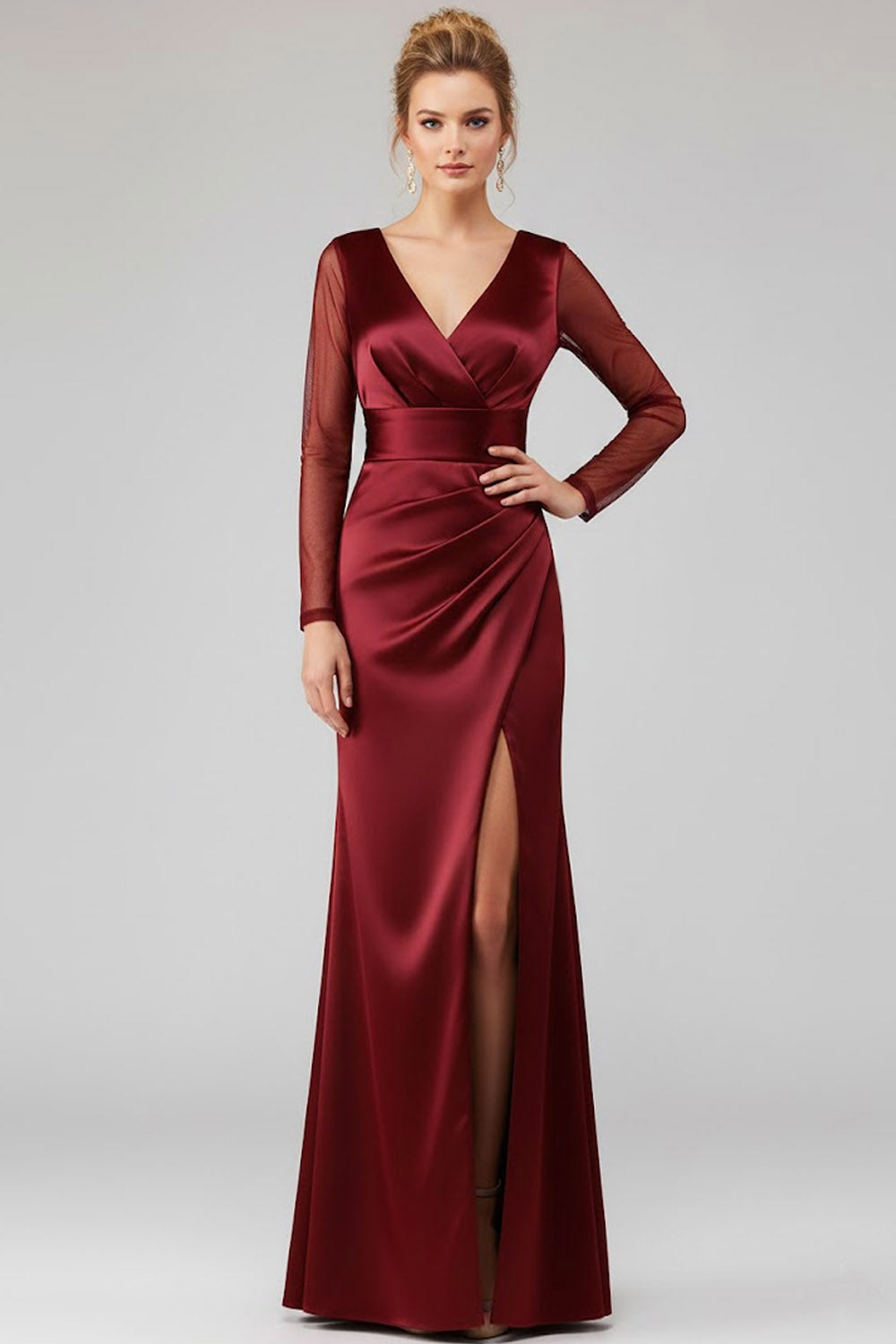 Burgundy V-Neck Sheath Satin Ruched Long Formal Dress with Slit