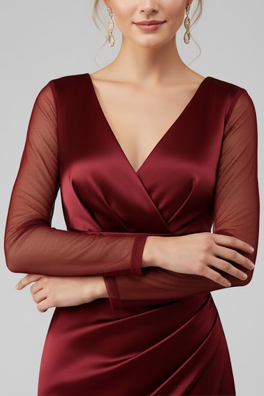 Burgundy V-Neck Sheath Satin Ruched Long Formal Dress with Slit