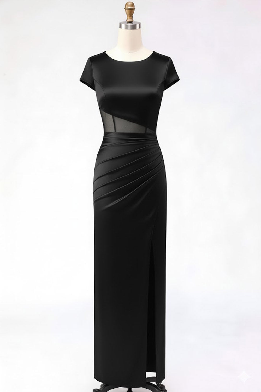 Leely Women Burgundy Mermaid Satin Long Mother of the Brides Dress with Slit Round Neck Ruched Wedding Guest Dress with Sleeves