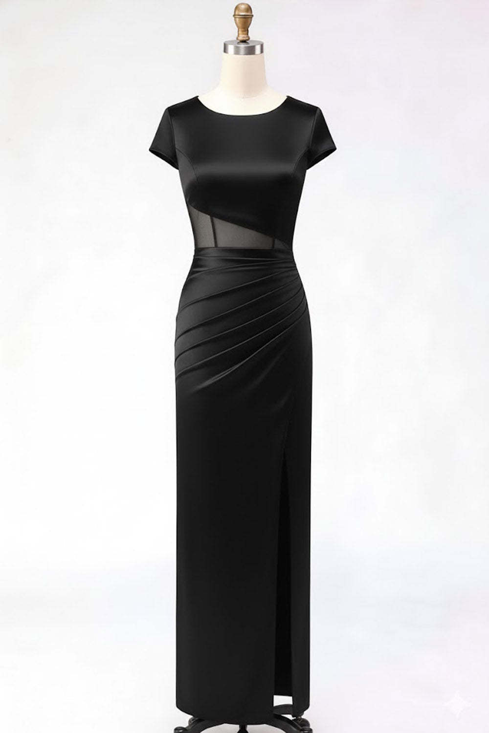 Leely Women Burgundy Mermaid Satin Long Mother of the Brides Dress with Slit Round Neck Ruched Wedding Guest Dress with Sleeves