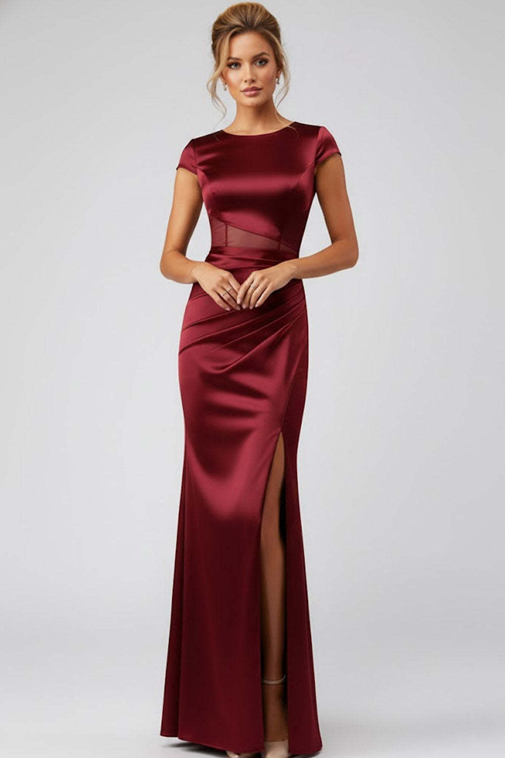 Burgundy Round Neck Mermaid Satin Long Mother of the Brides Dress with Slit