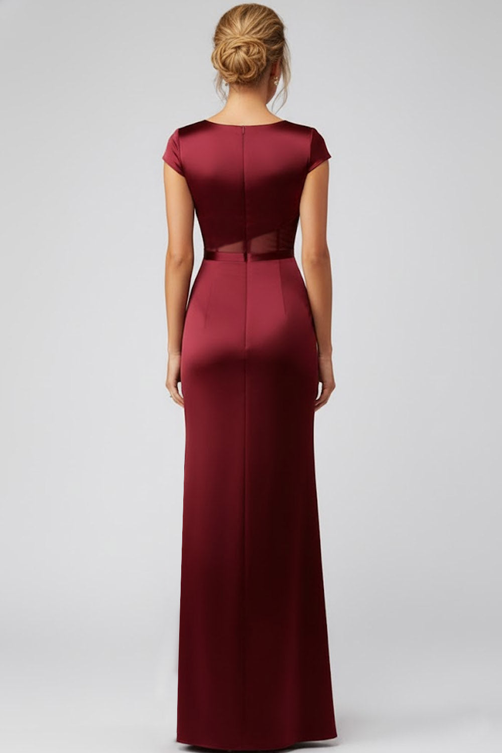 Burgundy Round Neck Mermaid Satin Long Mother of the Brides Dress with Slit