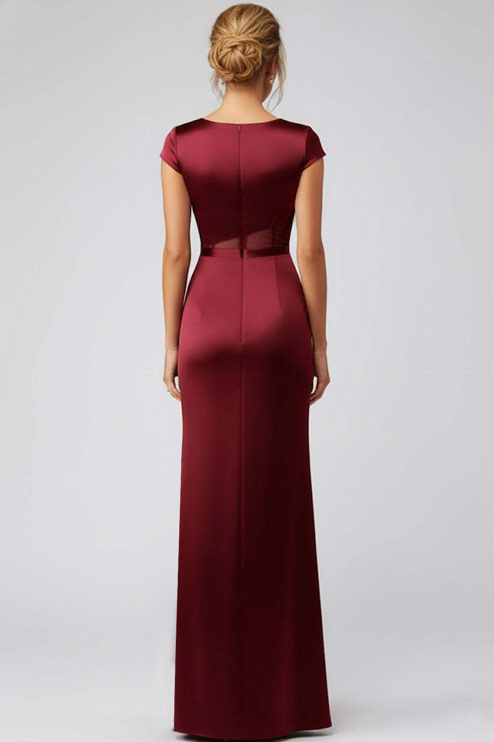 Burgundy Round Neck Mermaid Satin Long Mother of the Brides Dress with Slit