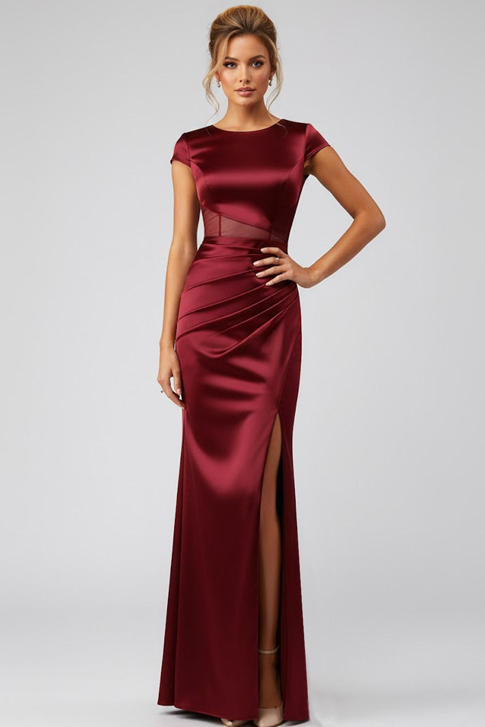 Burgundy Round Neck Mermaid Satin Long Mother of the Brides Dress with Slit