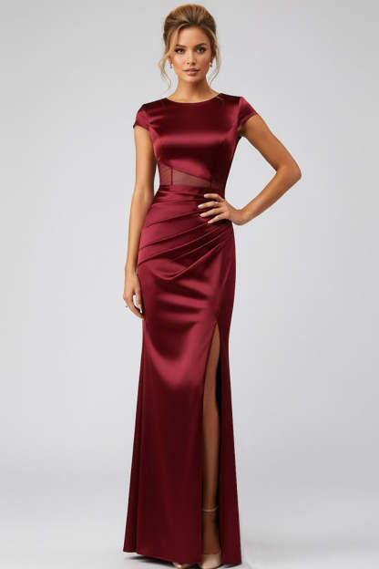 Burgundy Round Neck Mermaid Satin Long Mother of the Brides Dress with Slit