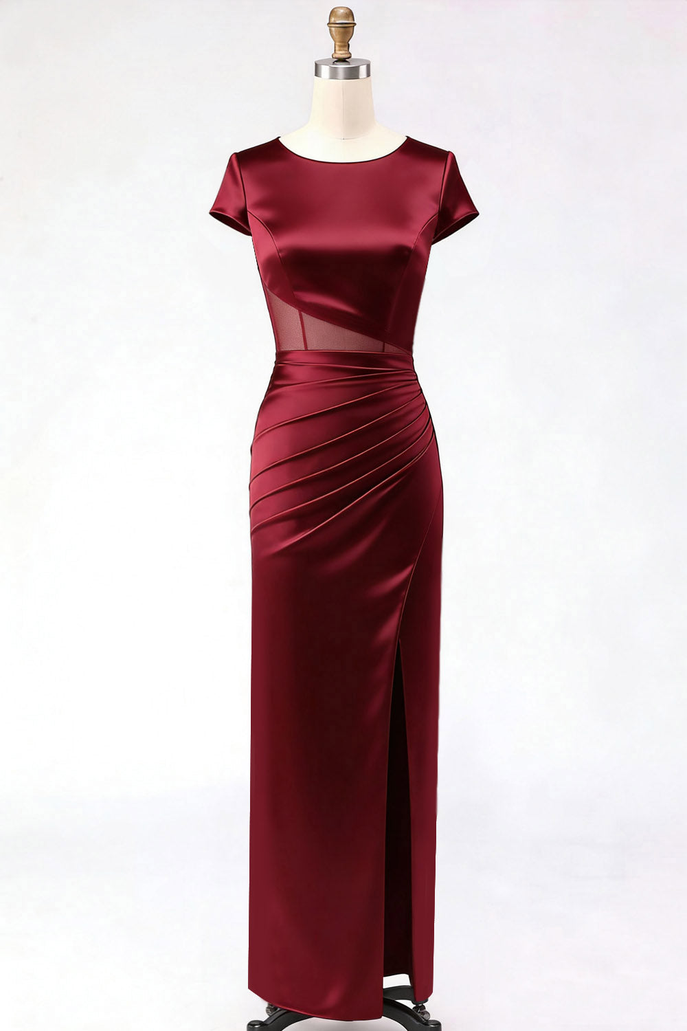Burgundy Round Neck Mermaid Satin Long Mother of the Brides Dress with Slit
